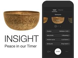 Insight Timer logo and phone app screen with tagline "Peace in our Timer"