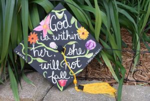 god is within her, she cannot fail graduation cap design