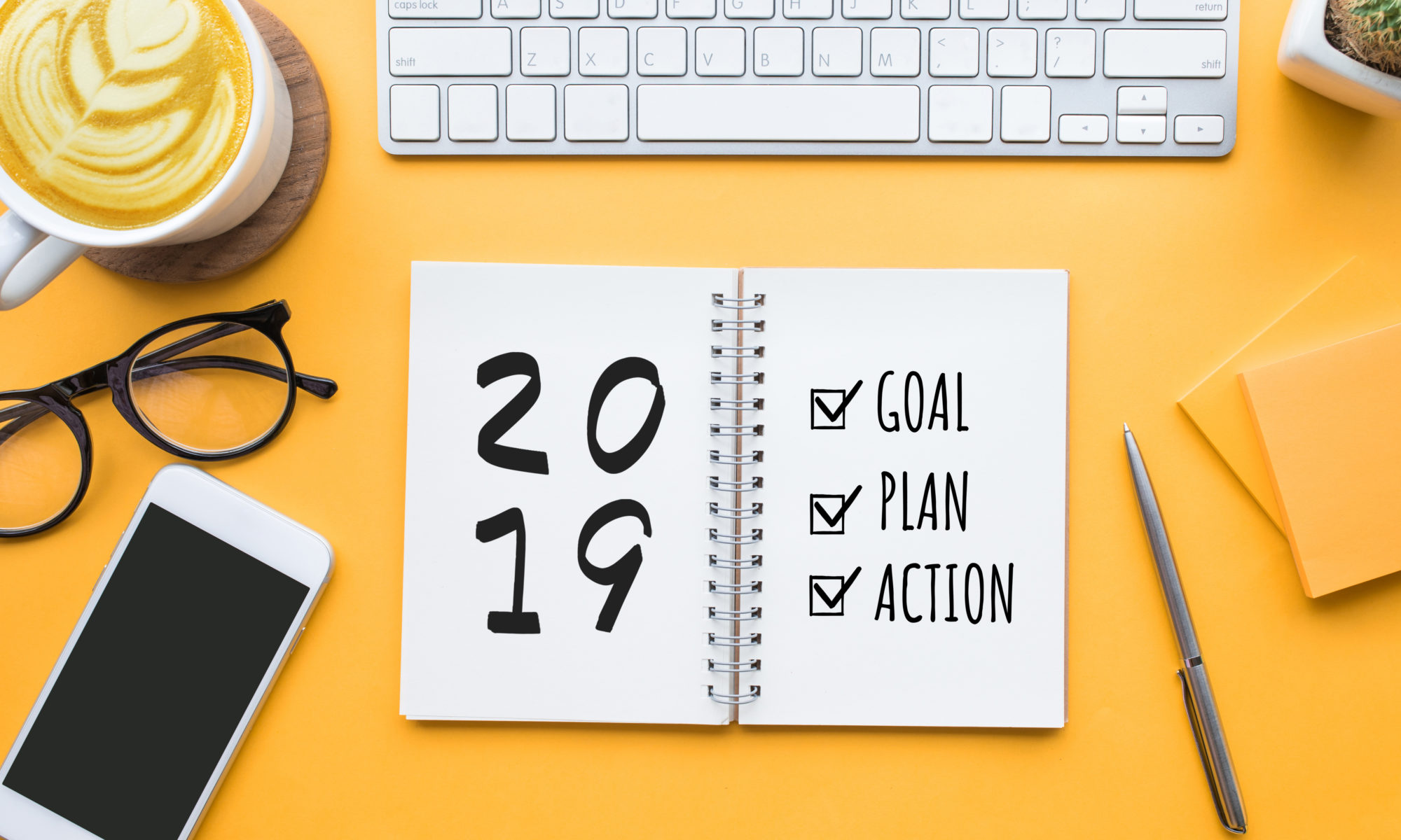 2019 planner with checklist for goals, plans, and actions