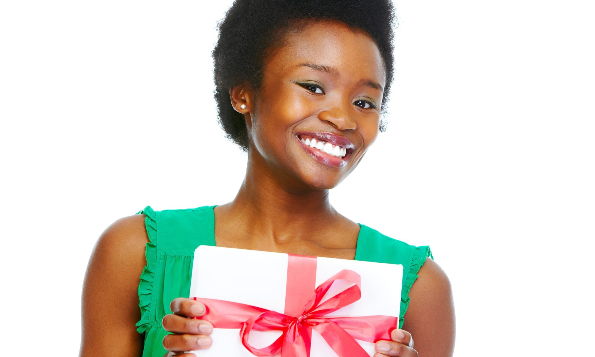 Beautiful girl with Christmas gifts isolated white background